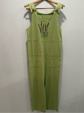 Linen-Blend Green Embroidered Pocket Jumpsuit Approx. Size M